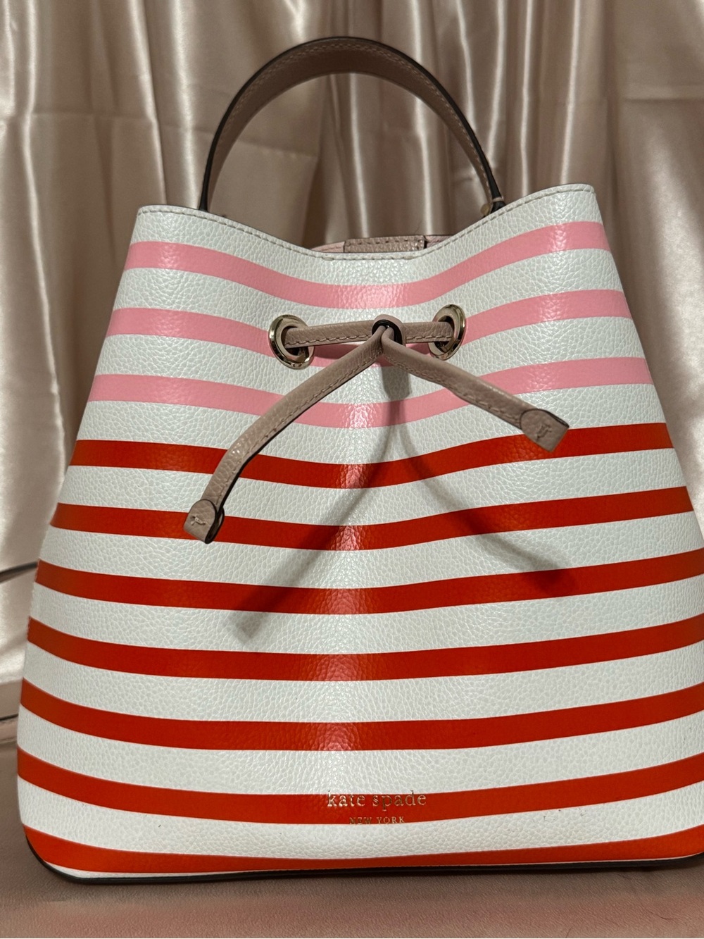 kate spade White, Pink & Red Striped Leather Drawstring Bucket Bag